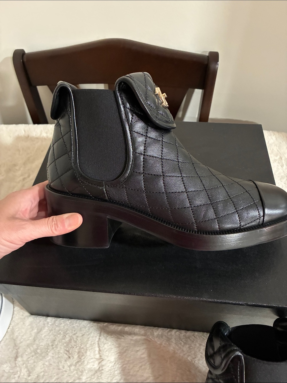 Authentic CHANEL Black Quilted Leather Ankle Boots with Gold CC Hardware - Picture 3 of 12